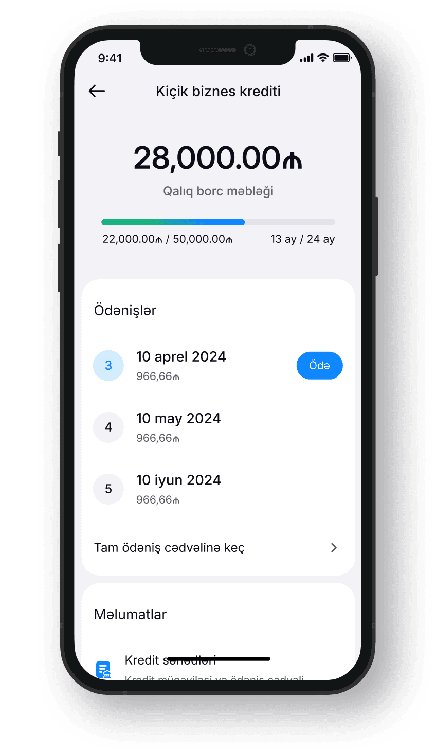 ABB Biz mobil tətbiqinin telefonda kredit idarəetmə ekranı